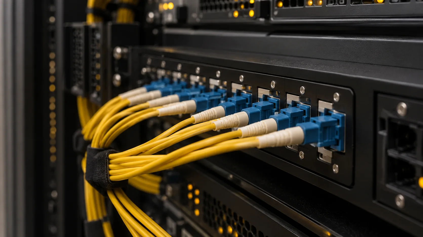 Connecteurs et câbles de fibre optique dans une baie réseau